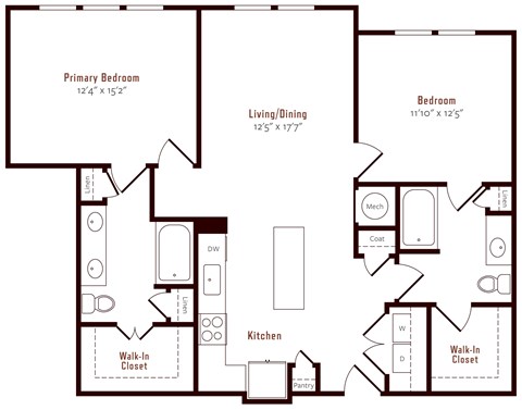 Floor plan for 2 beds, 2 baths, 1165 sqft